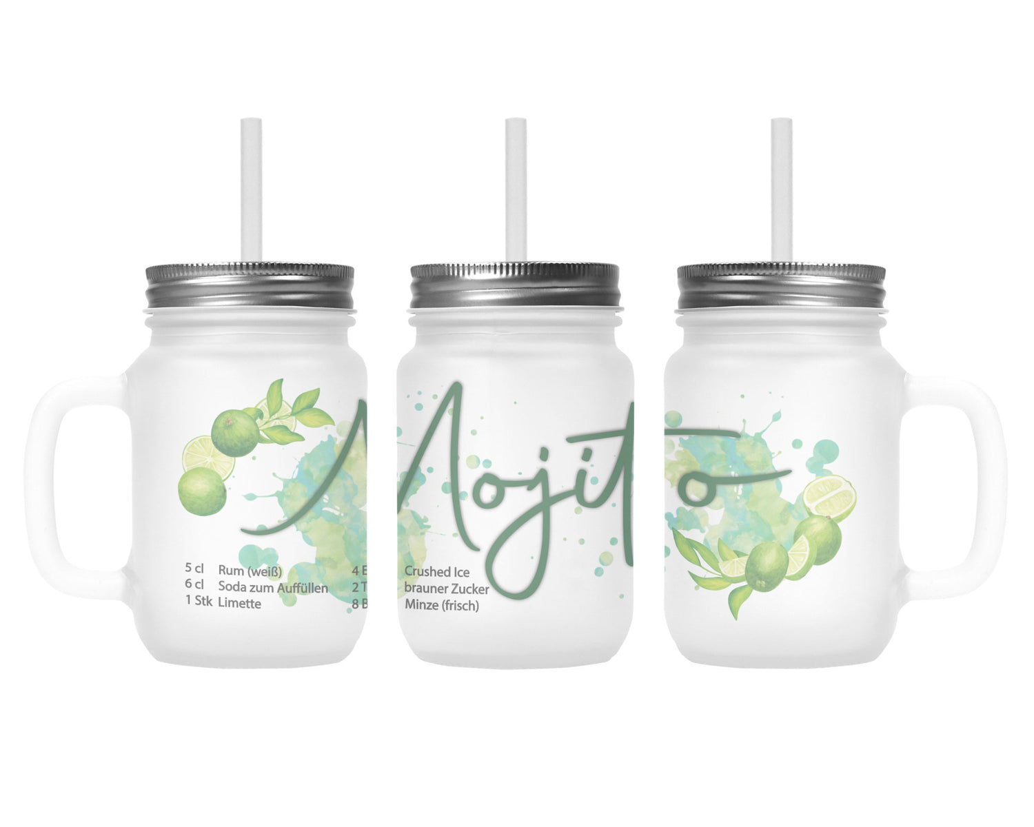 Henkelglas mit Deckel, Trinkhalm und Mojito-Rezept