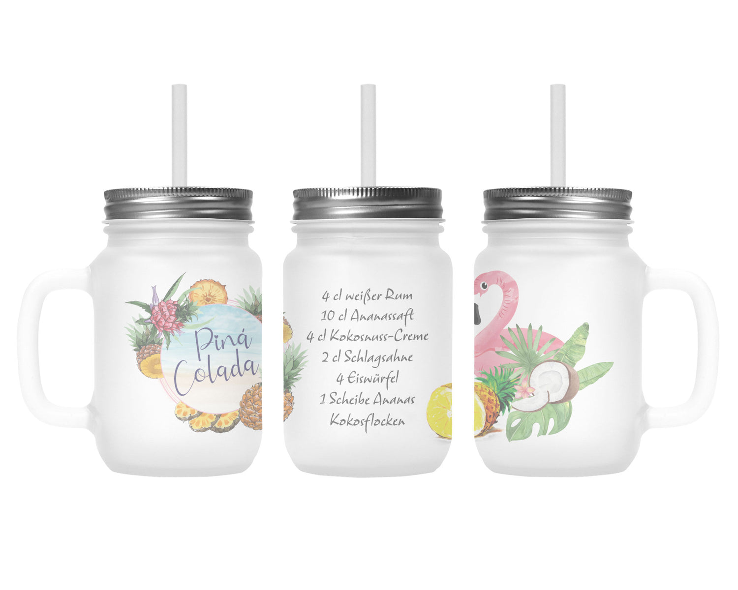 Henkelglas mit Deckel, Trinkhalm und Pina Colada-Rezept