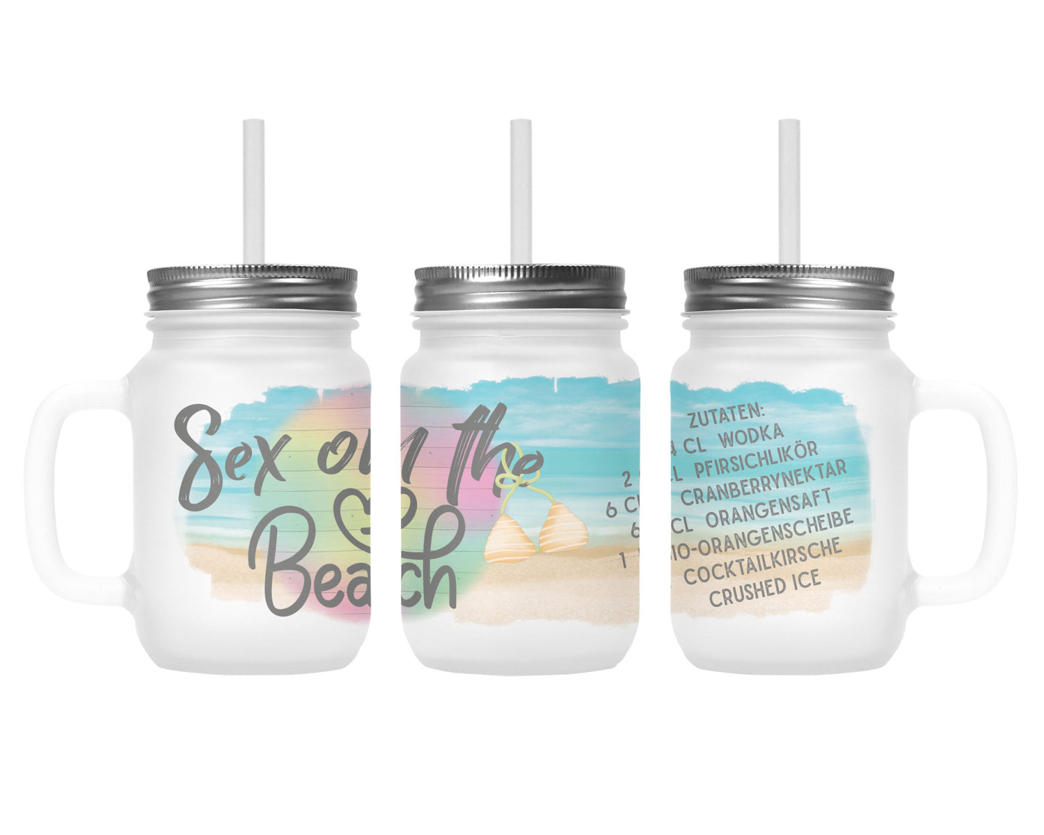 Henkelglas mit Deckel, Trinkhalm und Sex on the Beach-Rezept