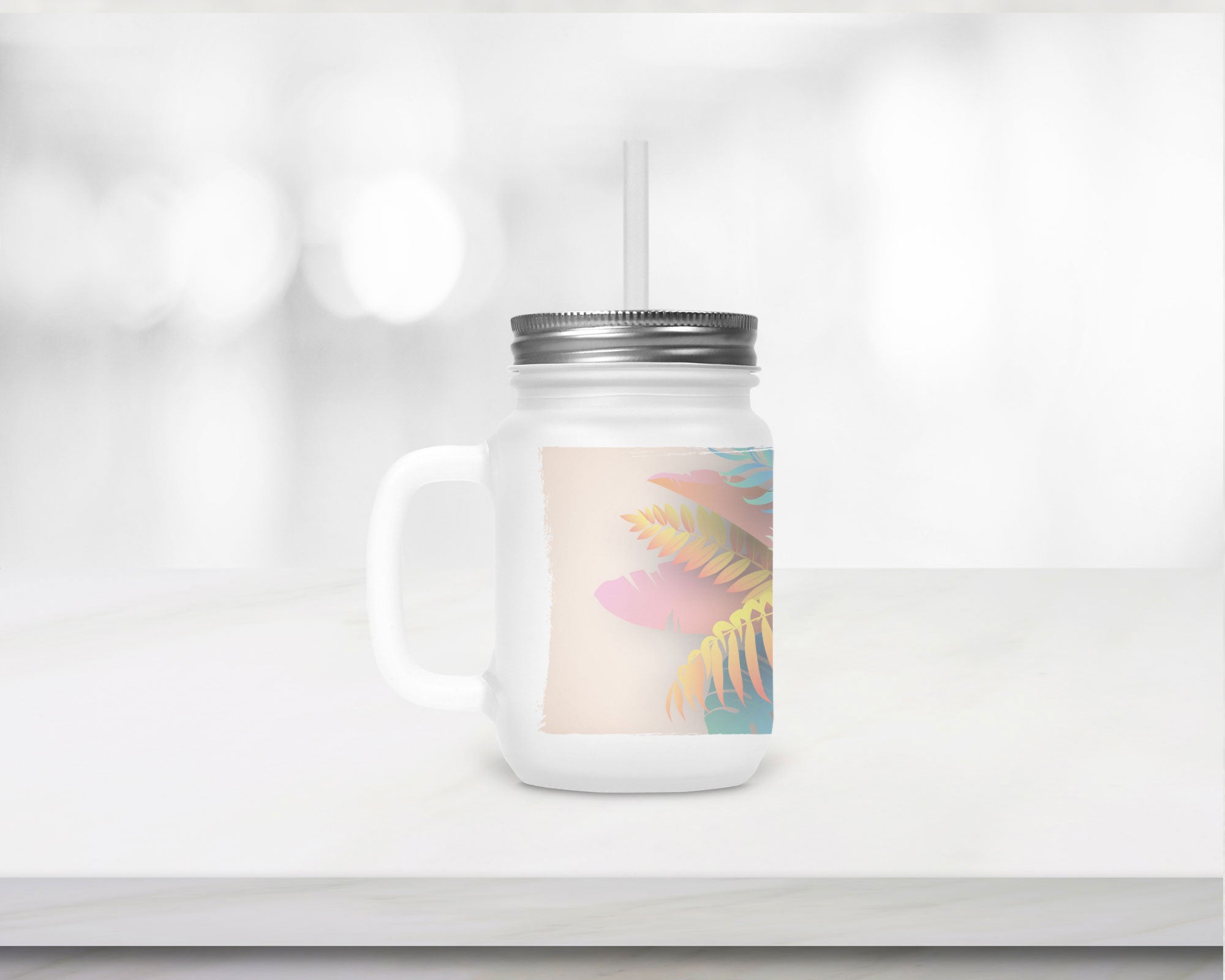 Henkelglas mit Deckel und Trinkhalm Sommerzeit