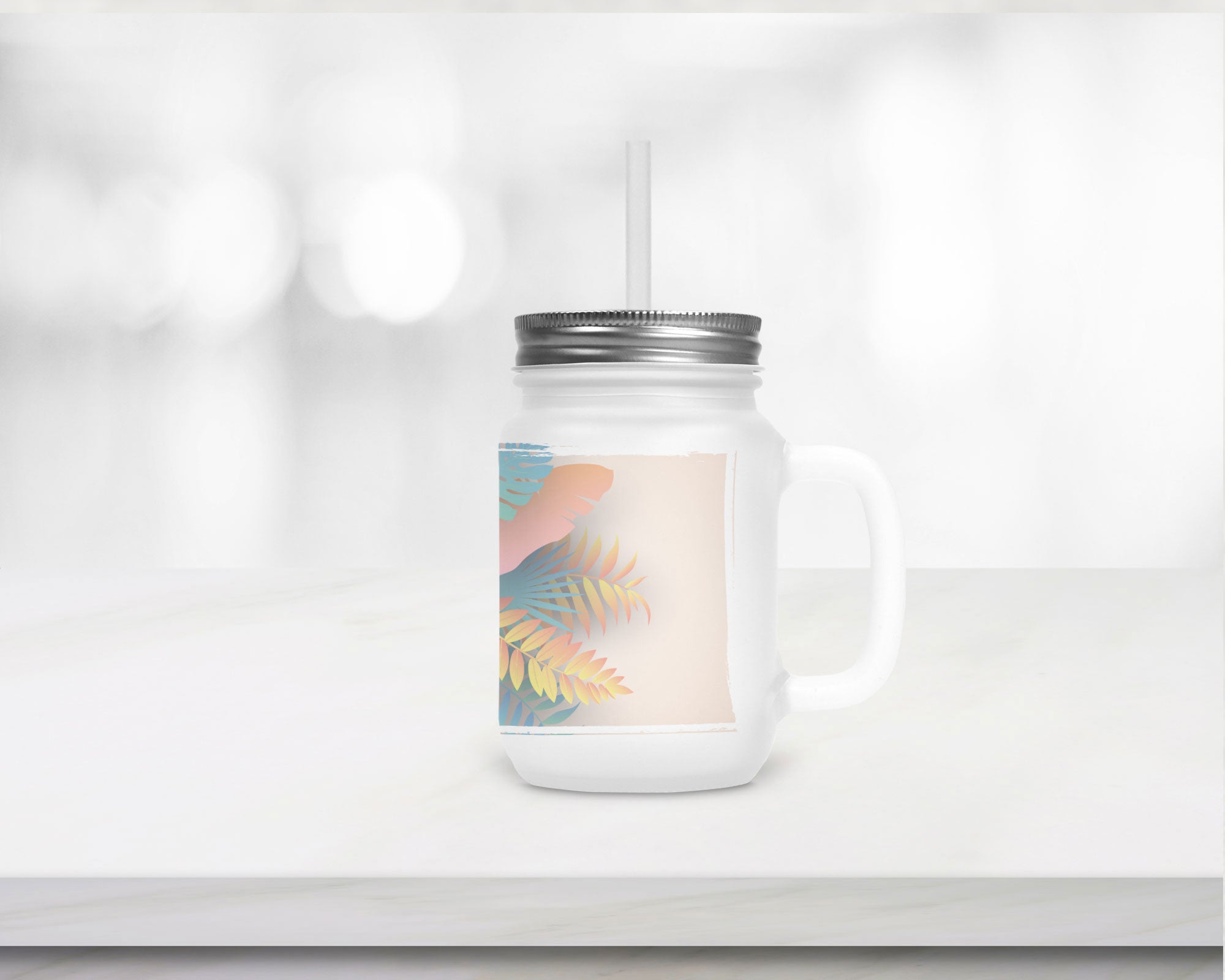 Henkelglas mit Deckel und Trinkhalm Sommerzeit