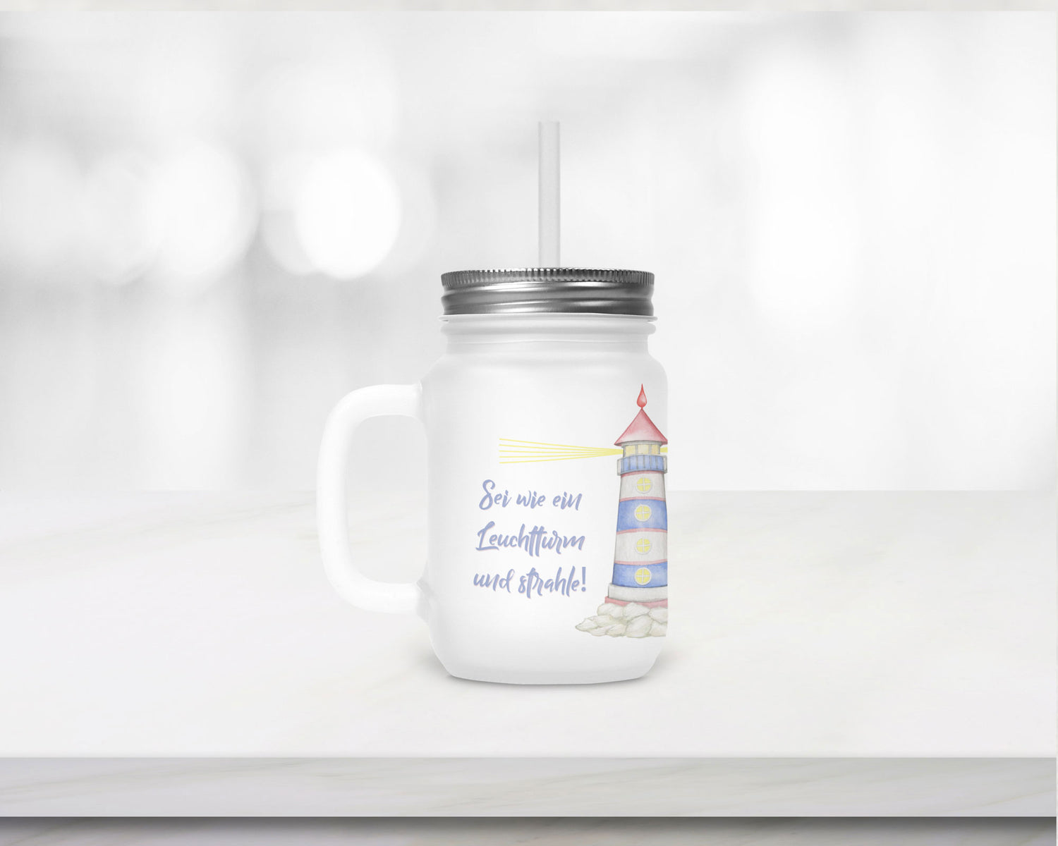 Henkelglas mit Deckel und Trinkhalm Strahle wie ein Leuchtturm