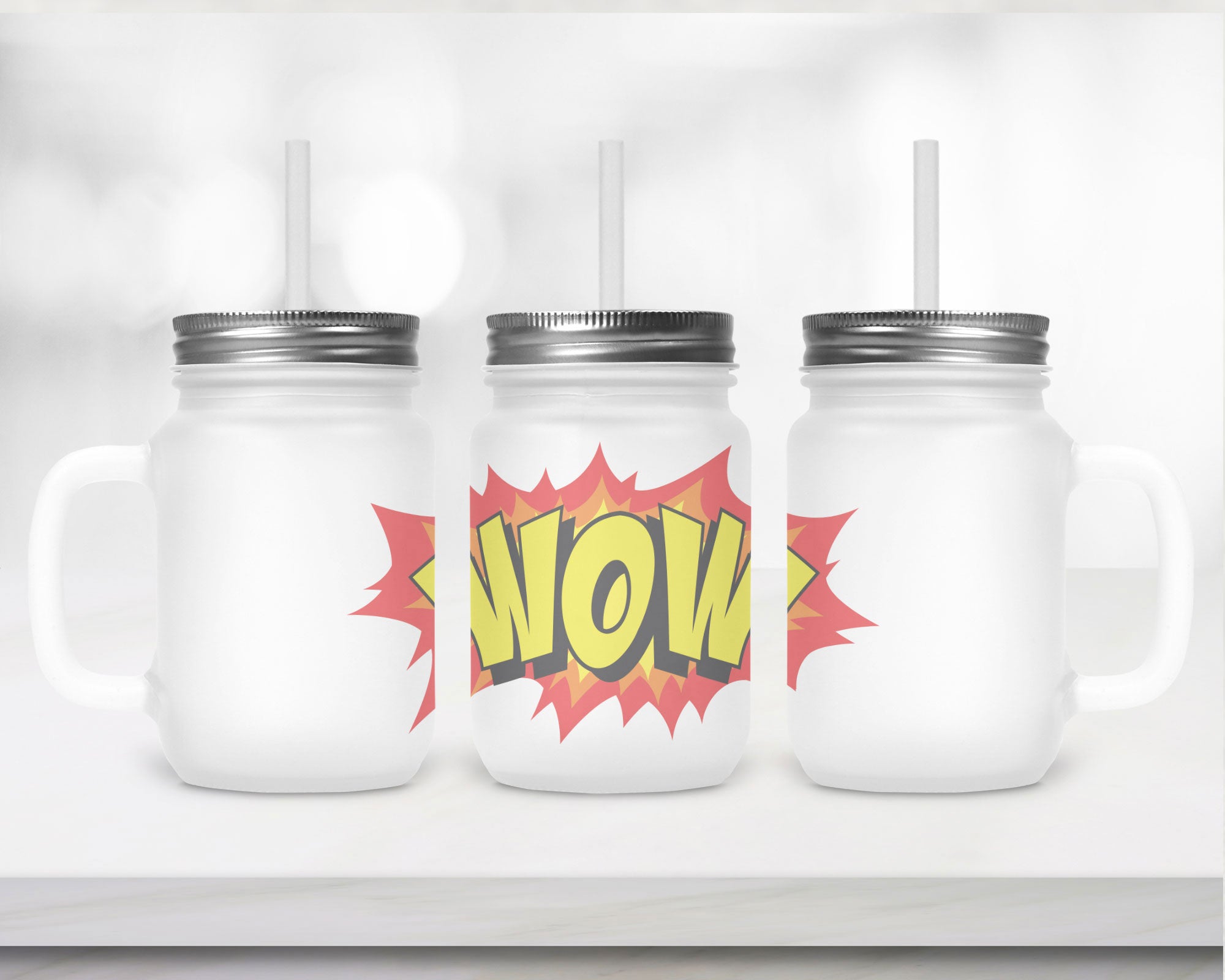 Henkelglas "WOW" mit Deckel und Trinkhalm