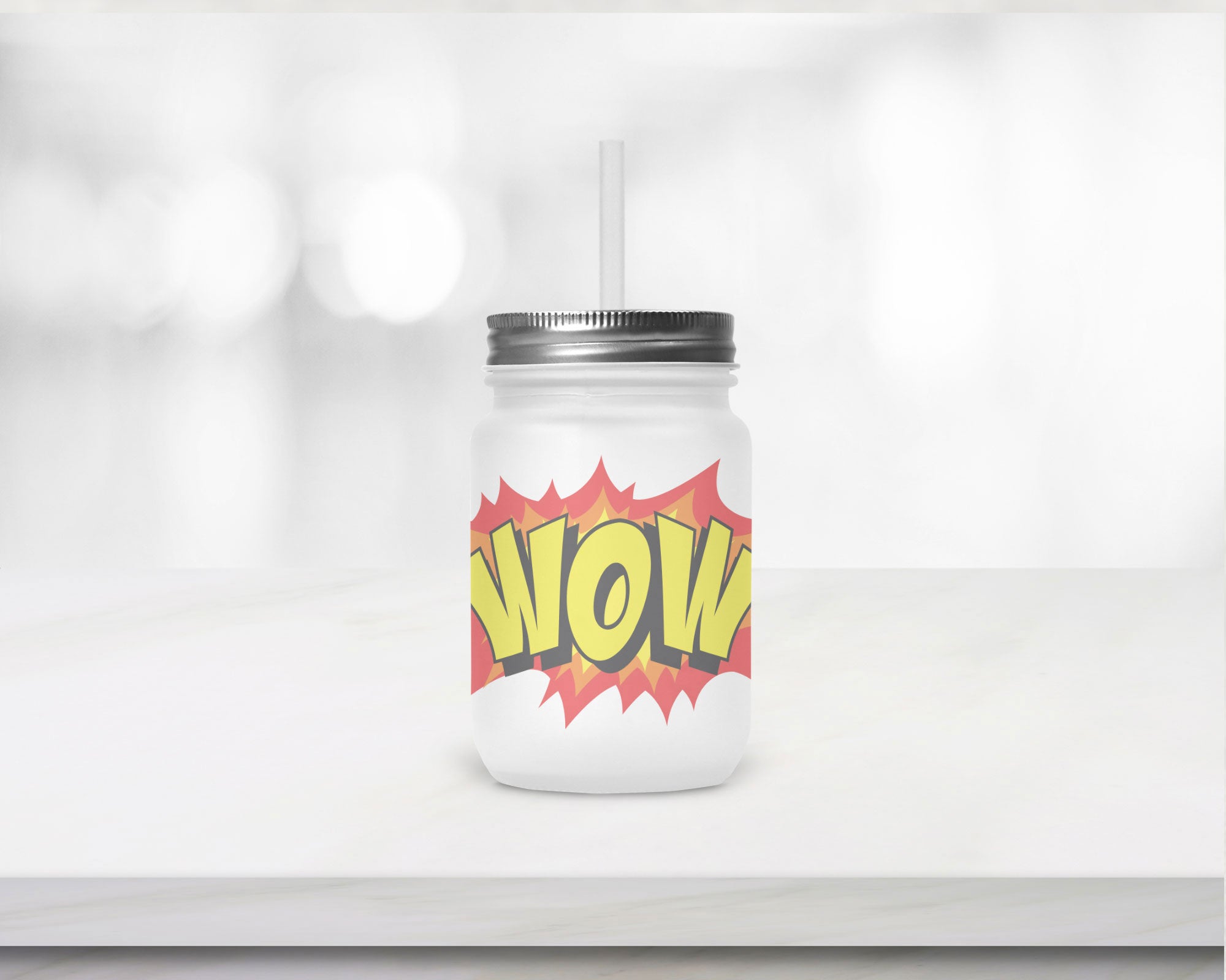 Henkelglas "WOW" mit Deckel und Trinkhalm