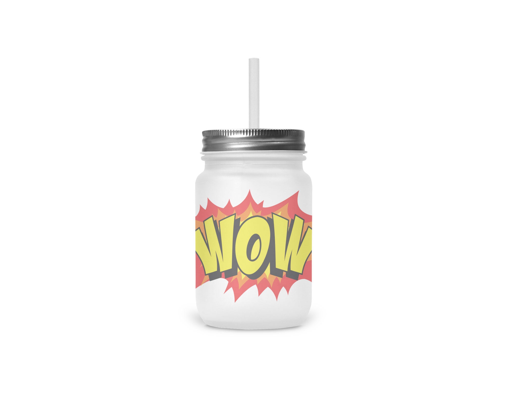 Henkelglas "WOW" mit Deckel und Trinkhalm