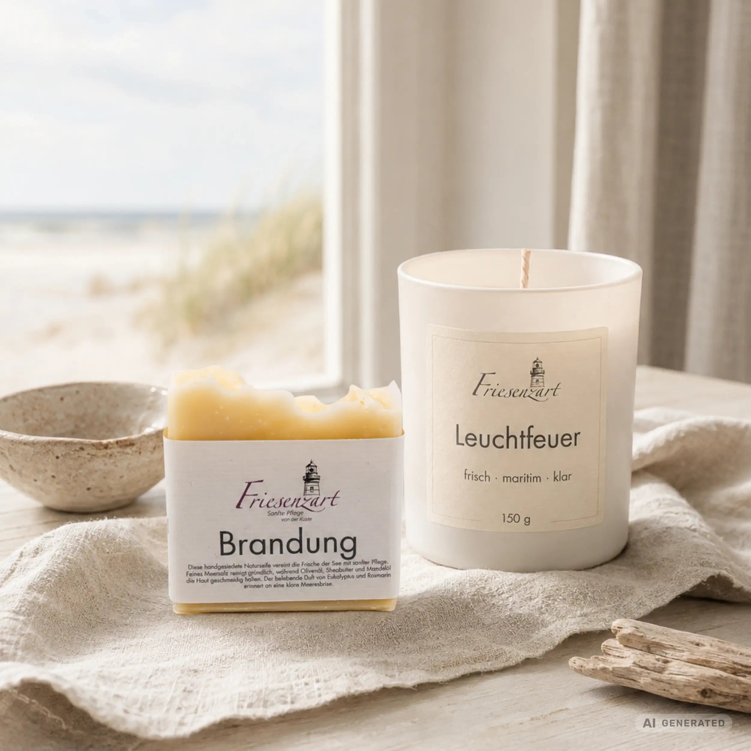 Küstenmoment – Friesenzart Duft- & Pflegeset mit Naturseife Brandung und Duftkerze Leuchtfeuer