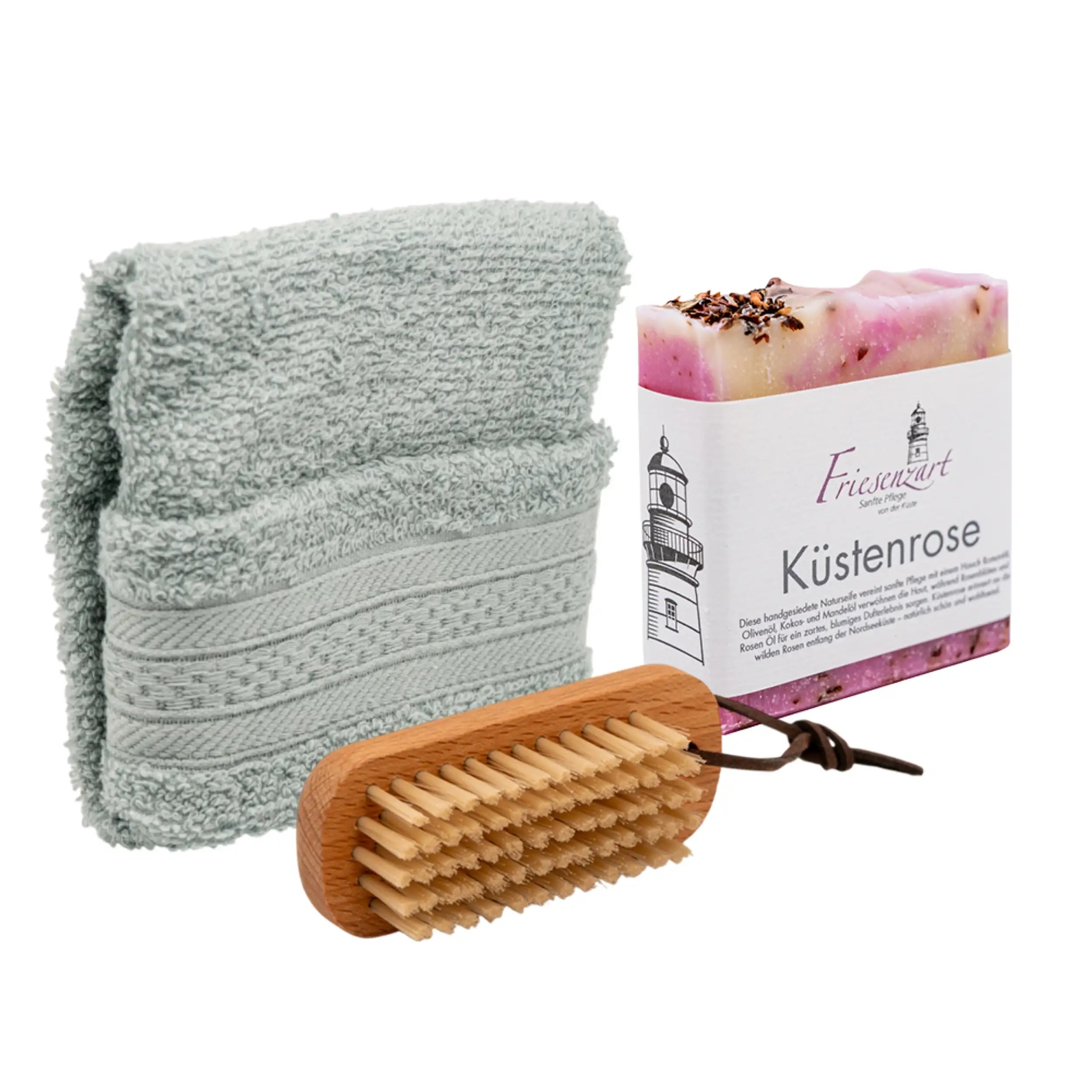 Pflegeset Küstenrose – Naturseife, Gästehandtuch & Bürste