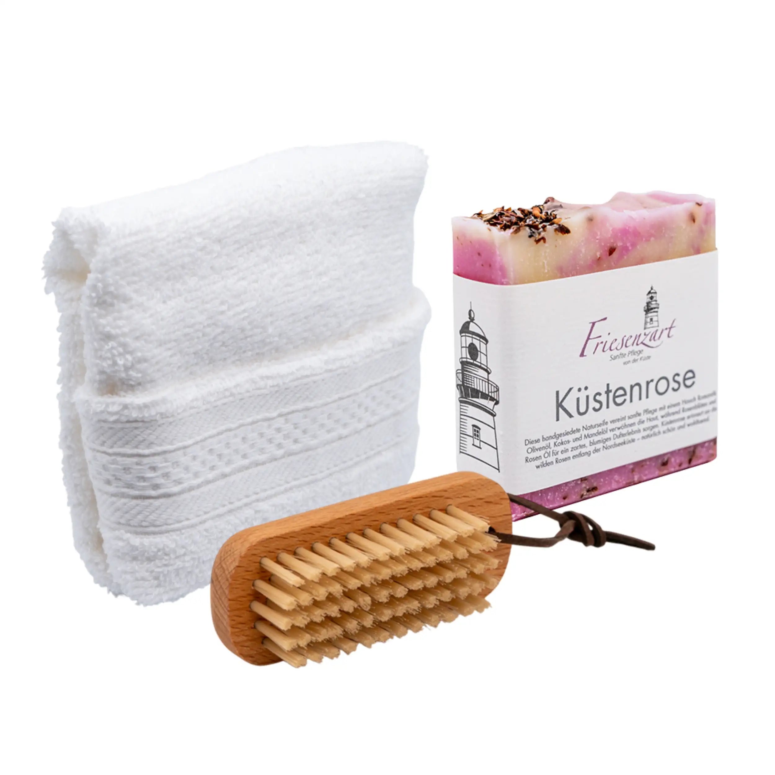 Pflegeset Küstenrose – Naturseife, Gästehandtuch & Bürste