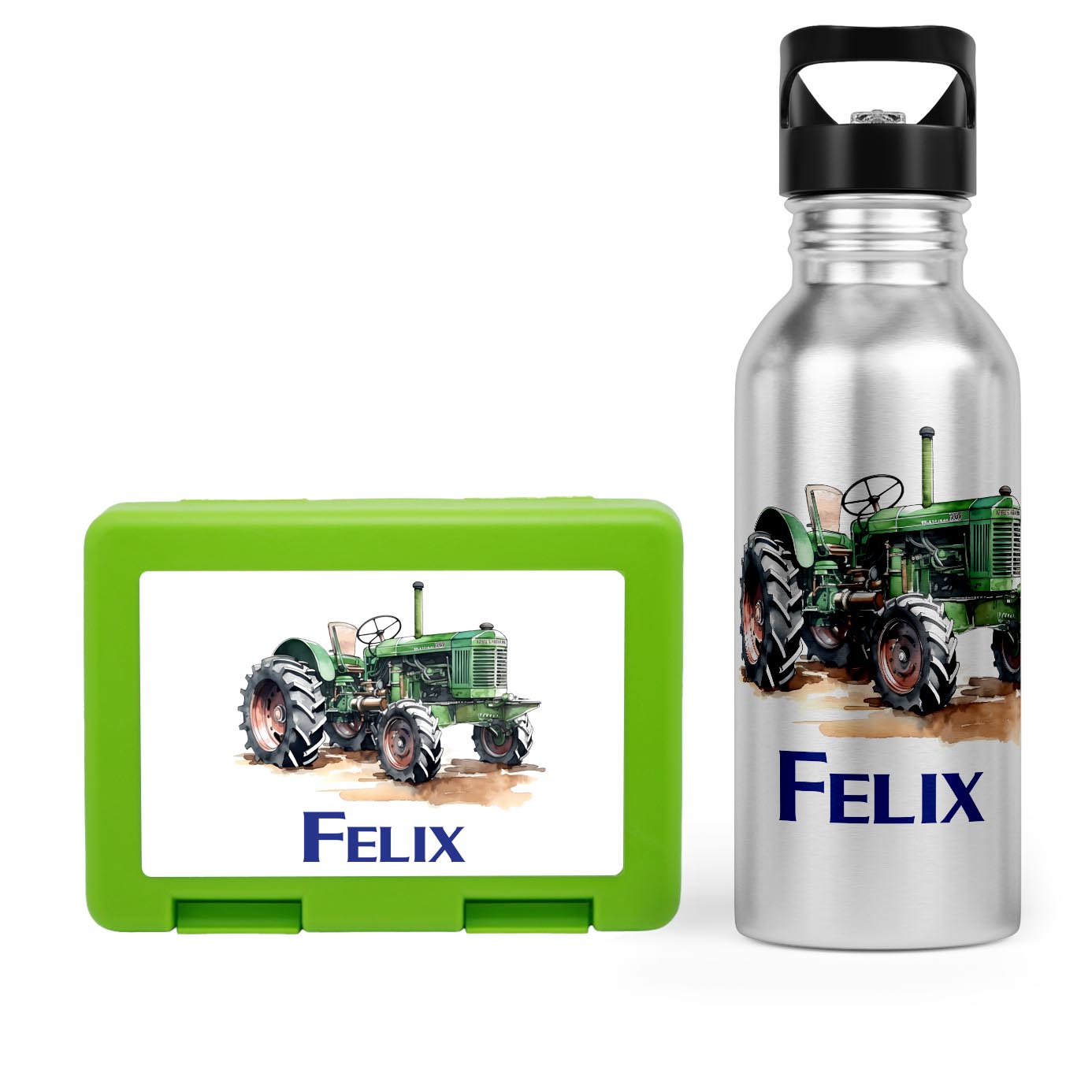 Schulstart Bundle No.7 - Traktor-Design Brotdose & Trinkflasche Personalisierbar