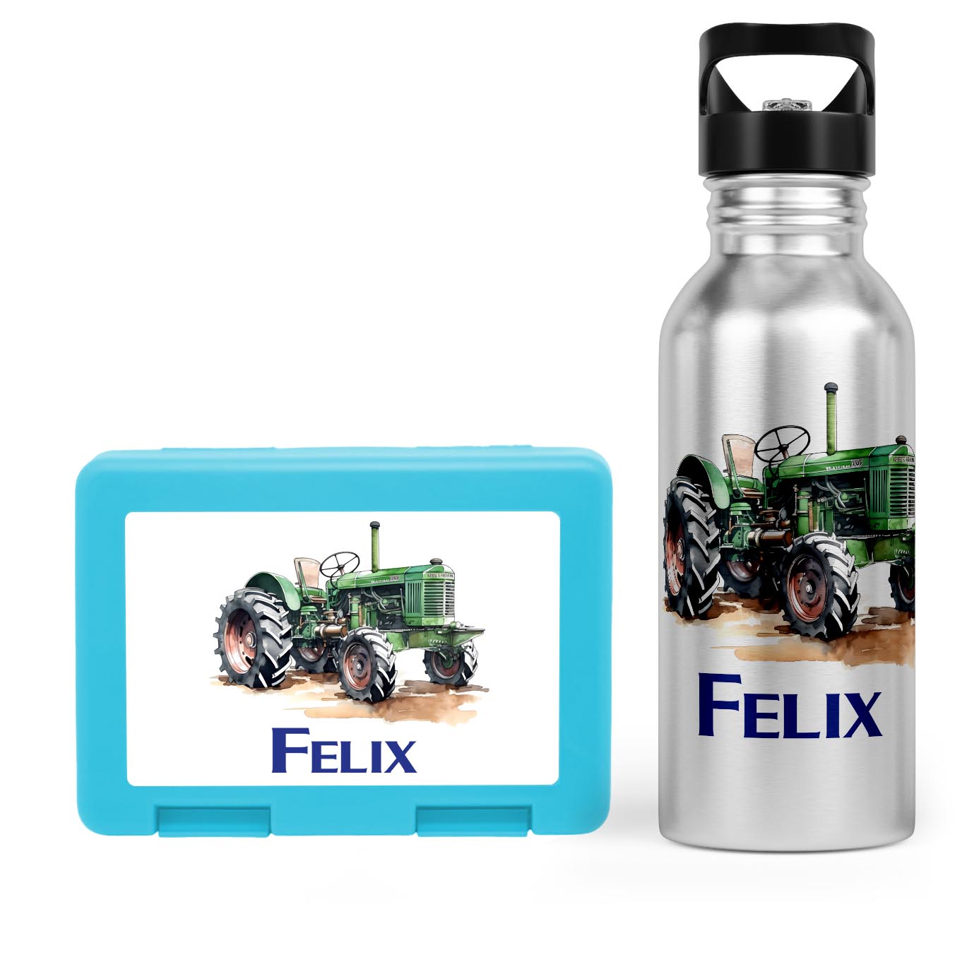 Schulstart Bundle No.7 - Traktor-Design Brotdose & Trinkflasche Personalisierbar