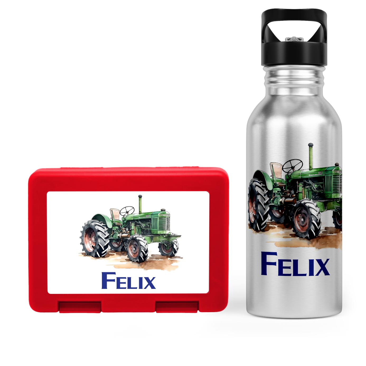 Schulstart Bundle No.7 - Traktor-Design Brotdose & Trinkflasche Personalisierbar