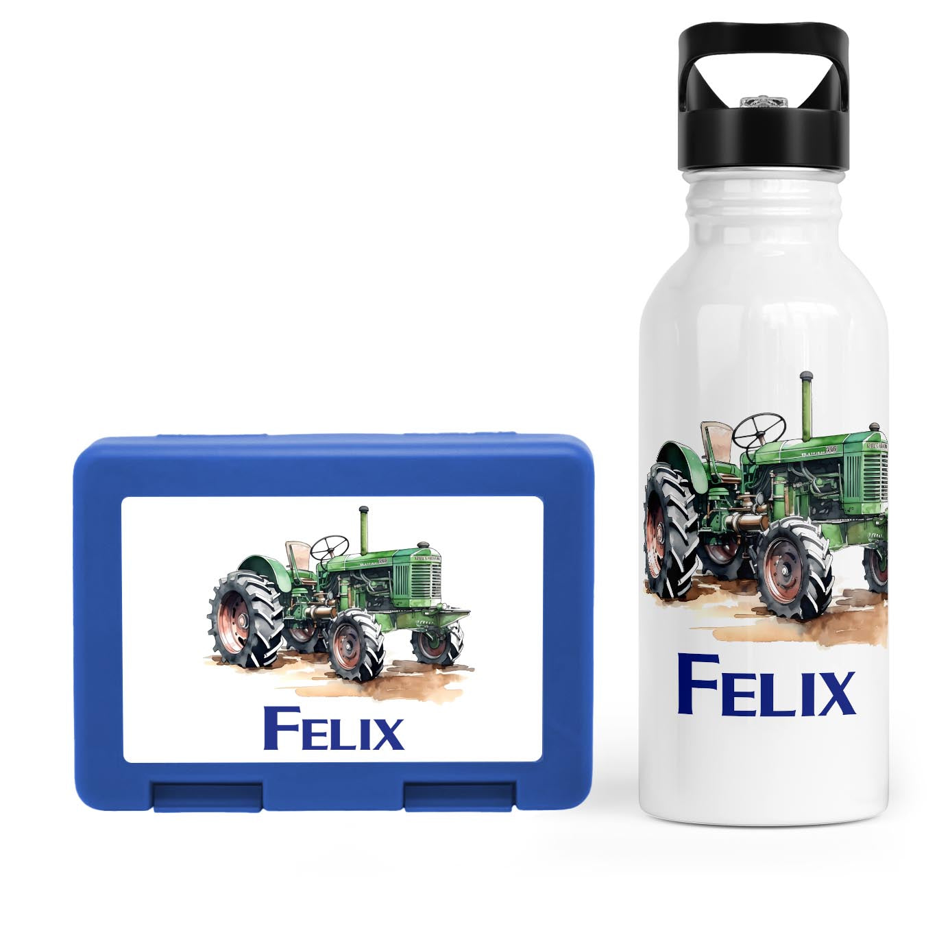 Schulstart Bundle No.8 - Traktor-Design Brotdose & Trinkflasche Personalisierbar