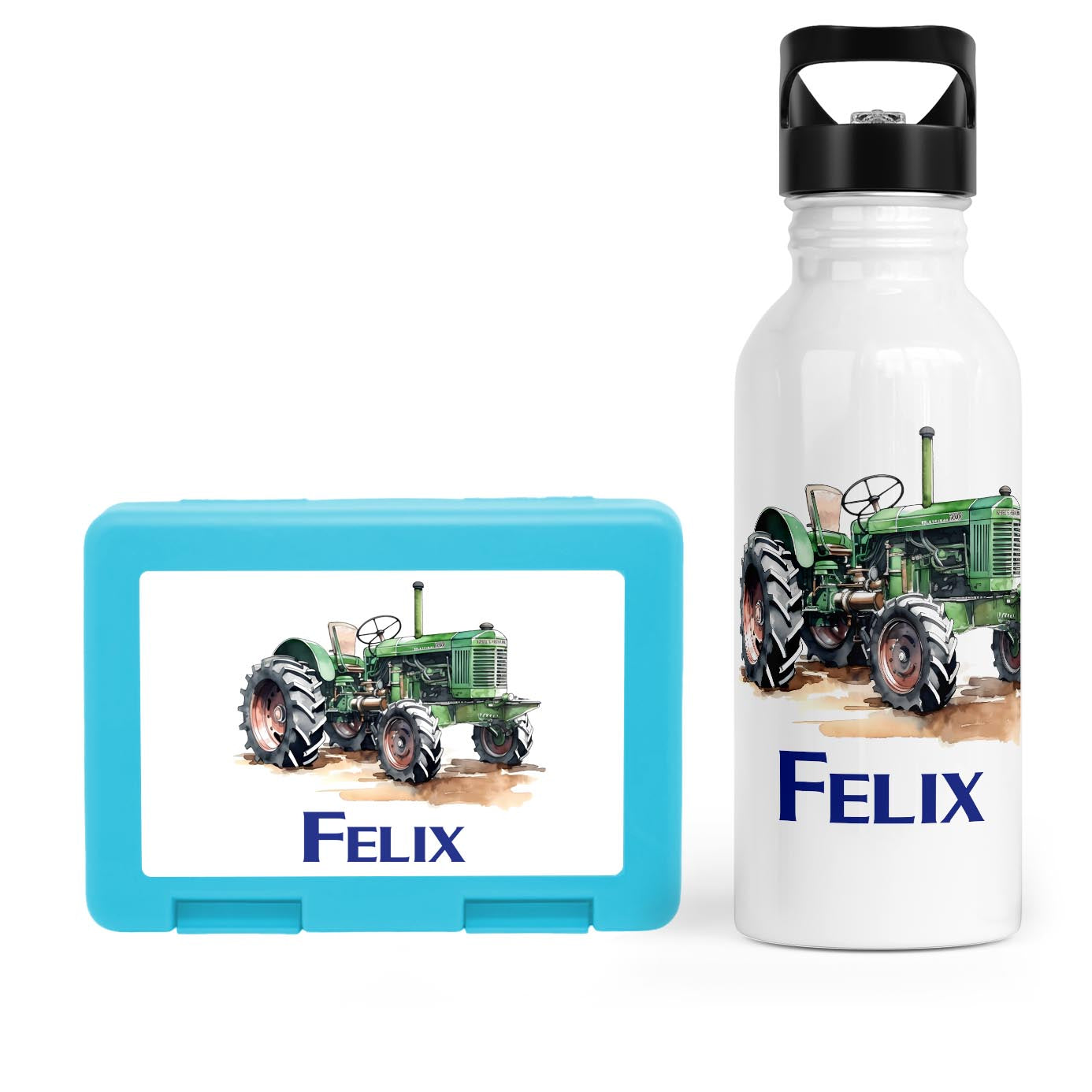 Schulstart Bundle No.8 - Traktor-Design Brotdose & Trinkflasche Personalisierbar