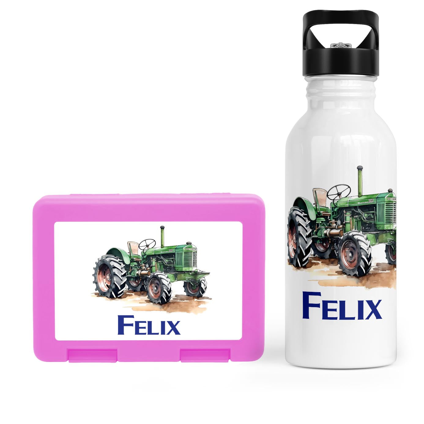 Schulstart Bundle No.8 - Traktor-Design Brotdose & Trinkflasche Personalisierbar
