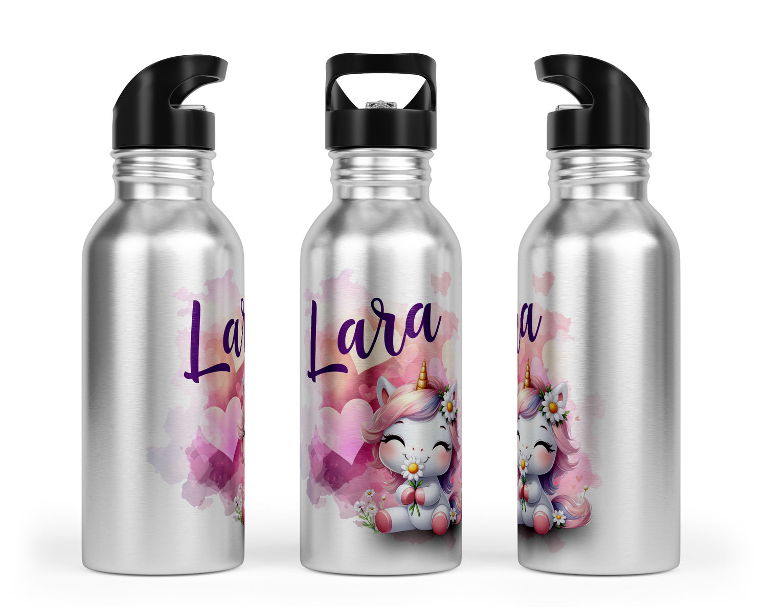 Personalisierbare Kinder-Trinkflasche mit süßem Einhorn in Love-Design