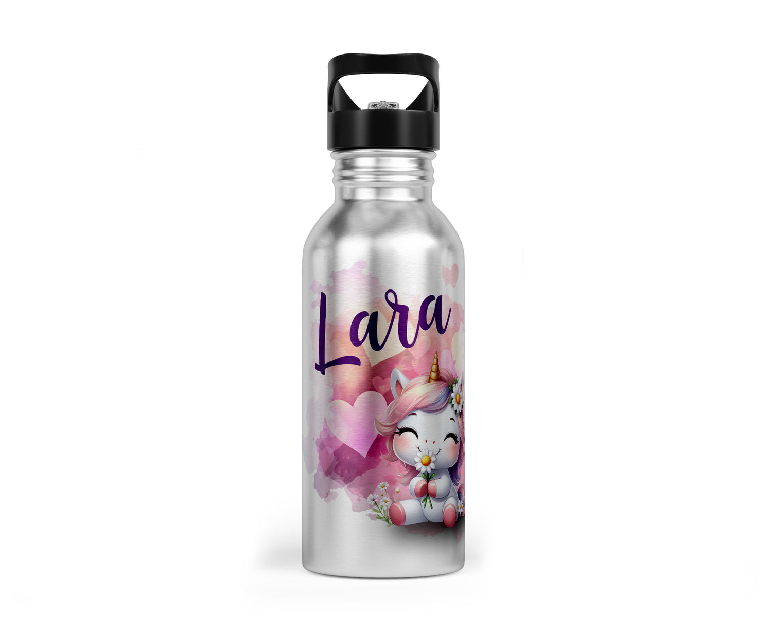 Personalisierbare Kinder-Trinkflasche mit süßem Einhorn in Love-Design
