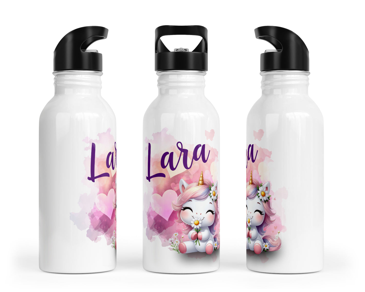 Personalisierbare Kinder-Trinkflasche mit süßem Einhorn in Love-Design