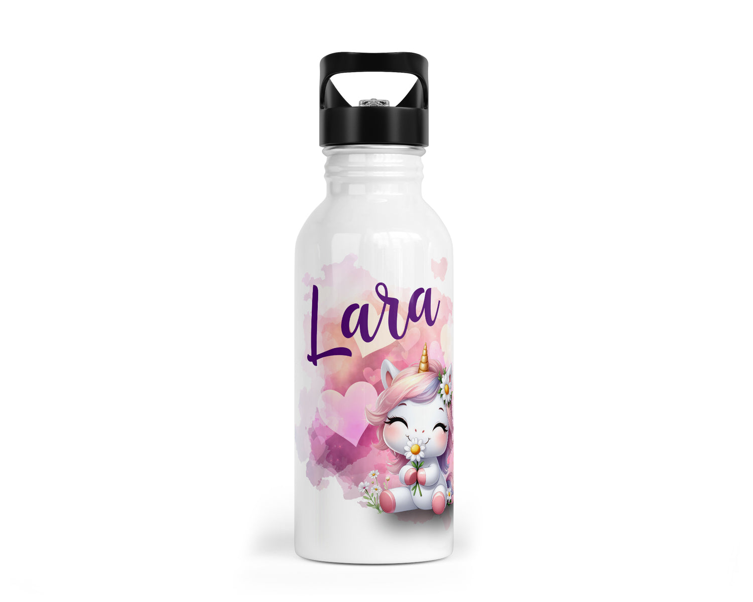 Personalisierbare Kinder-Trinkflasche mit süßem Einhorn in Love-Design