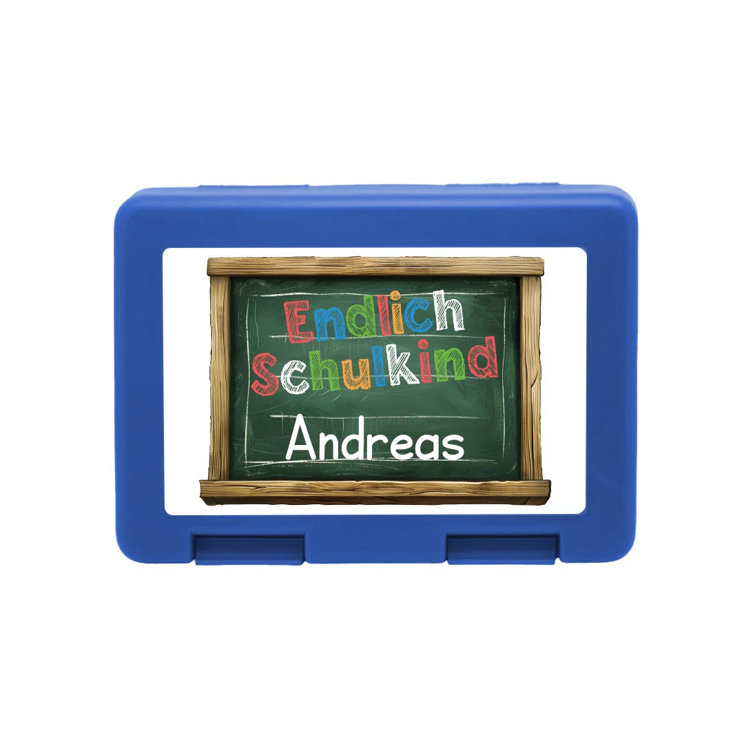 Personalisierte Brotdose mit "Endlich Schulkind" Tafel-Design
