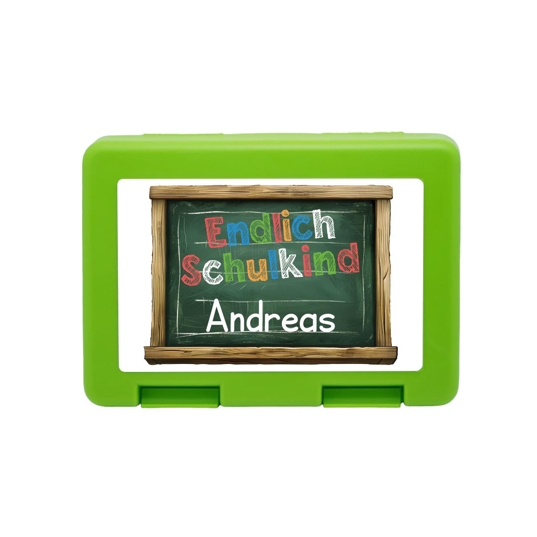 Personalisierte Brotdose mit "Endlich Schulkind" Tafel-Design