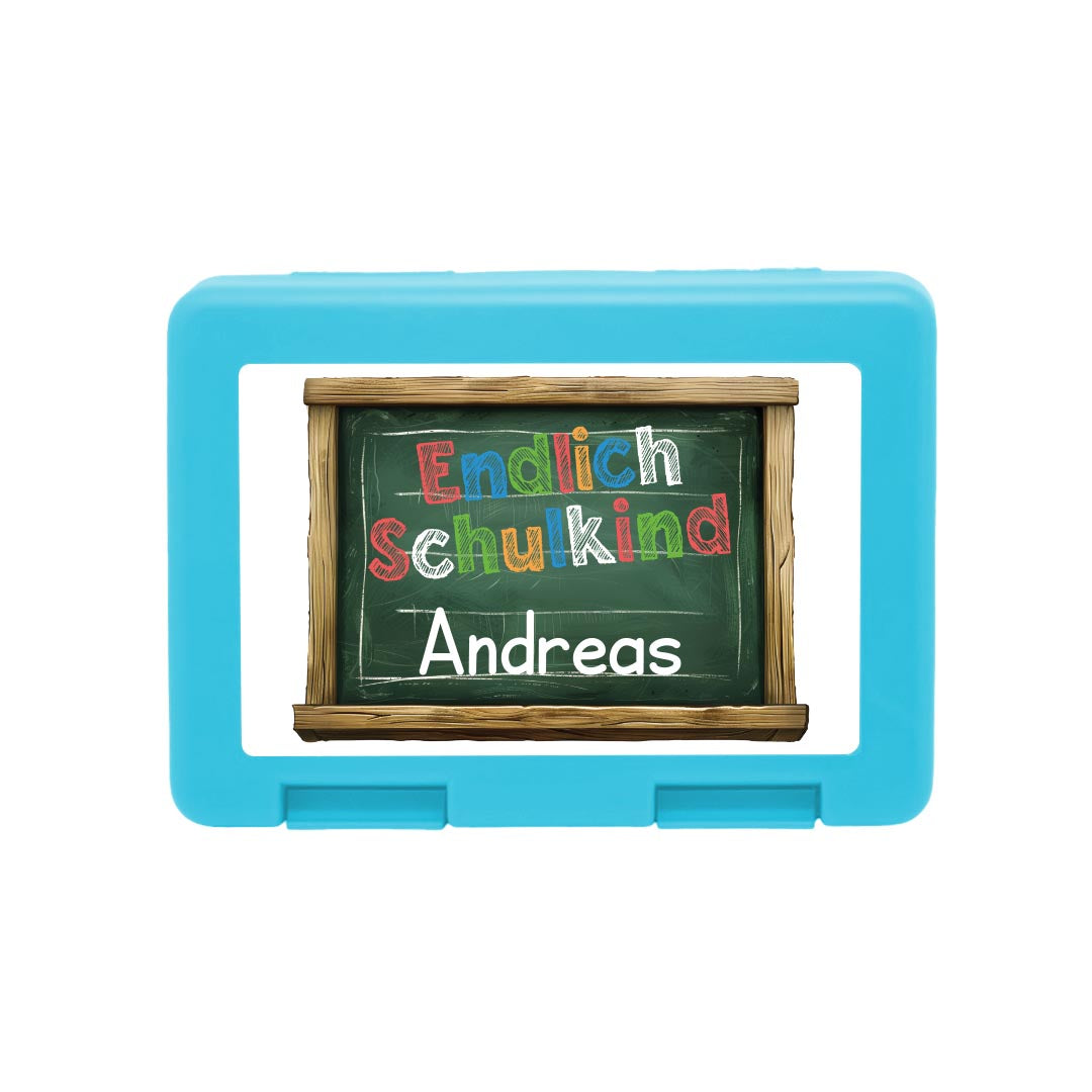 Personalisierte Brotdose mit "Endlich Schulkind" Tafel-Design