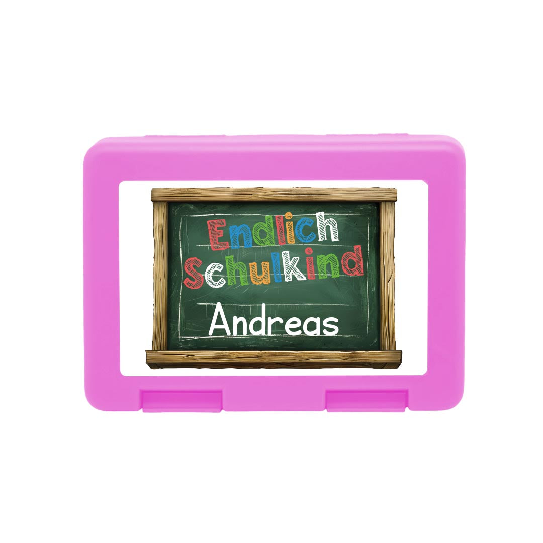 Personalisierte Brotdose mit "Endlich Schulkind" Tafel-Design