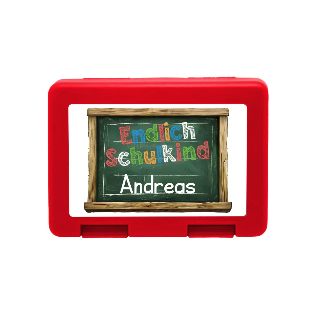 Personalisierte Brotdose mit "Endlich Schulkind" Tafel-Design