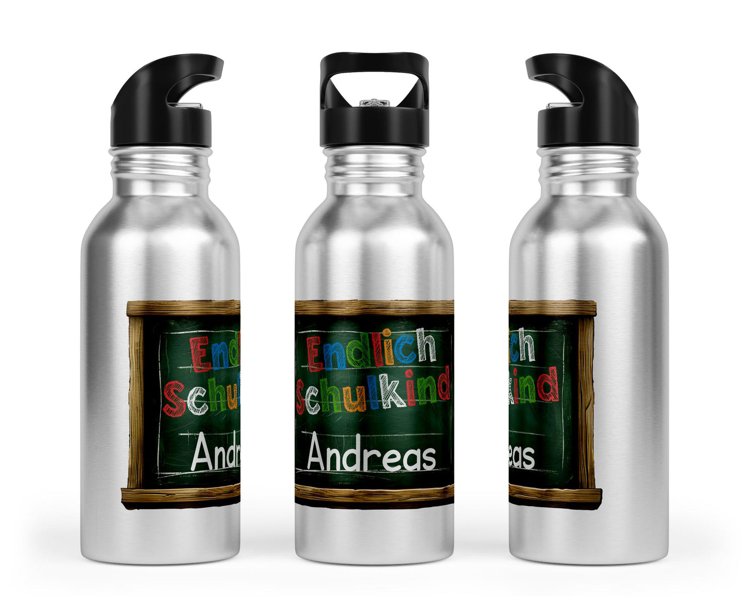 Personalisierbare Kinder-Trinkflasche mit buntem "Endlich Schulkind"-Design