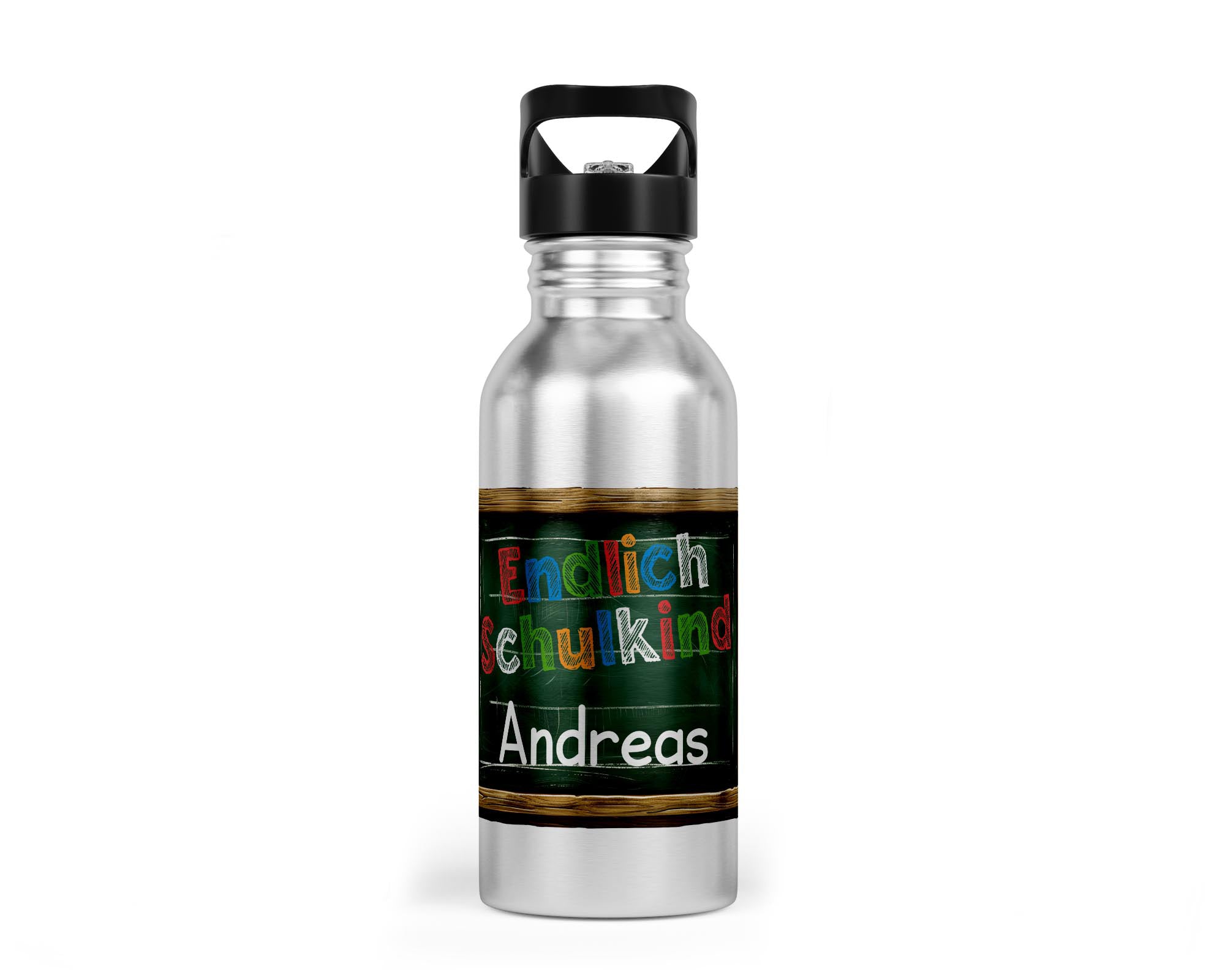 Personalisierbare Kinder-Trinkflasche mit buntem "Endlich Schulkind"-Design
