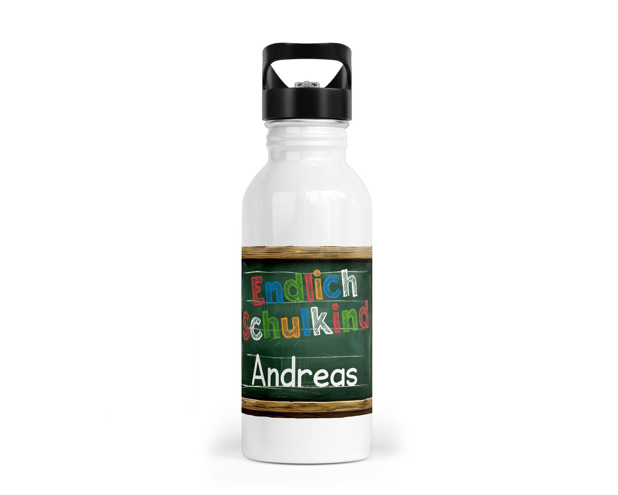 Personalisierbare Kinder-Trinkflasche mit buntem "Endlich Schulkind"-Design