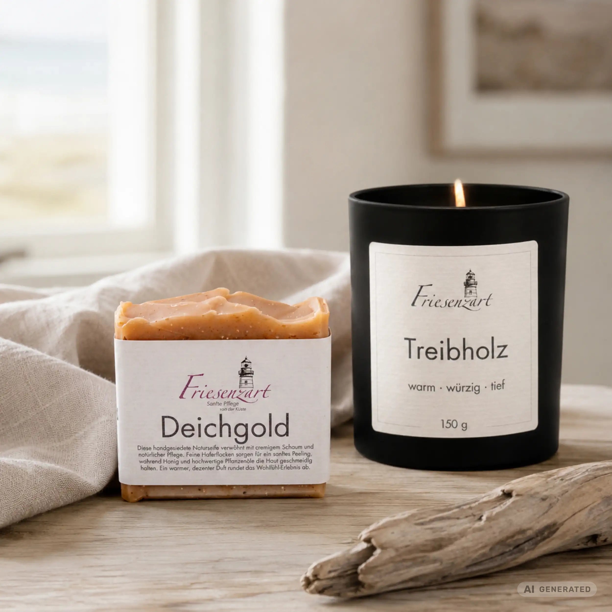 Warme Stube – Friesenzart Duft- & Pflegeset mit Naturseife Deichgold und Duftkerze Treibholz