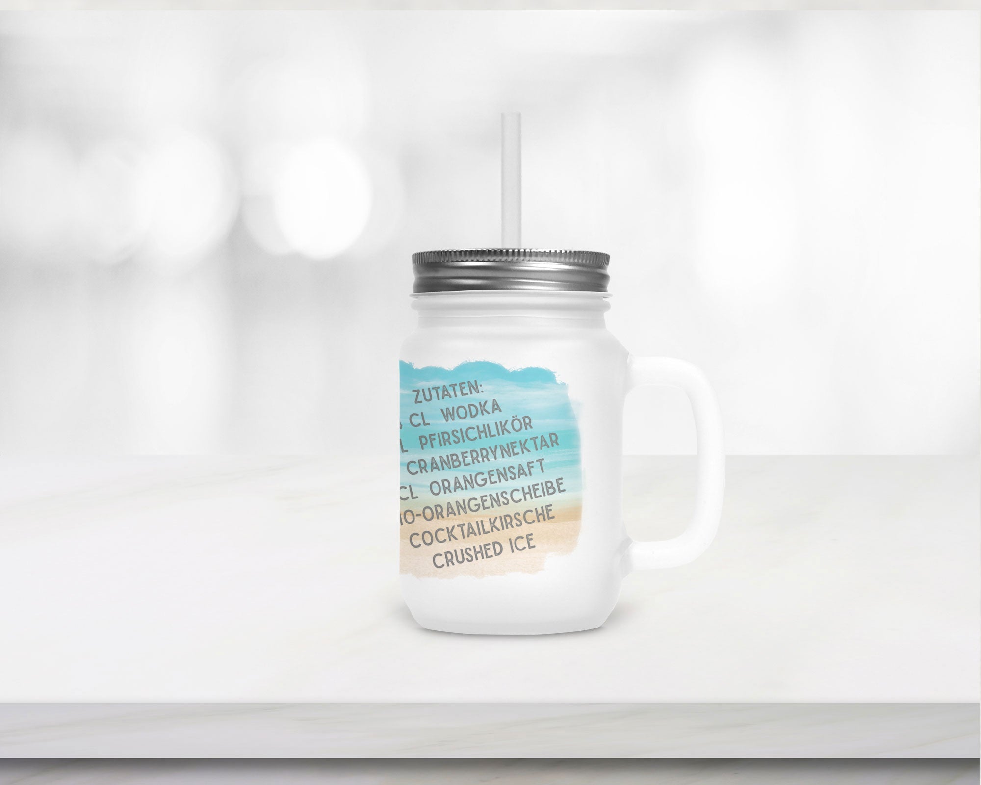 Henkelglas mit Deckel, Trinkhalm und Sex on the Beach - Rezept - Zwergenstick