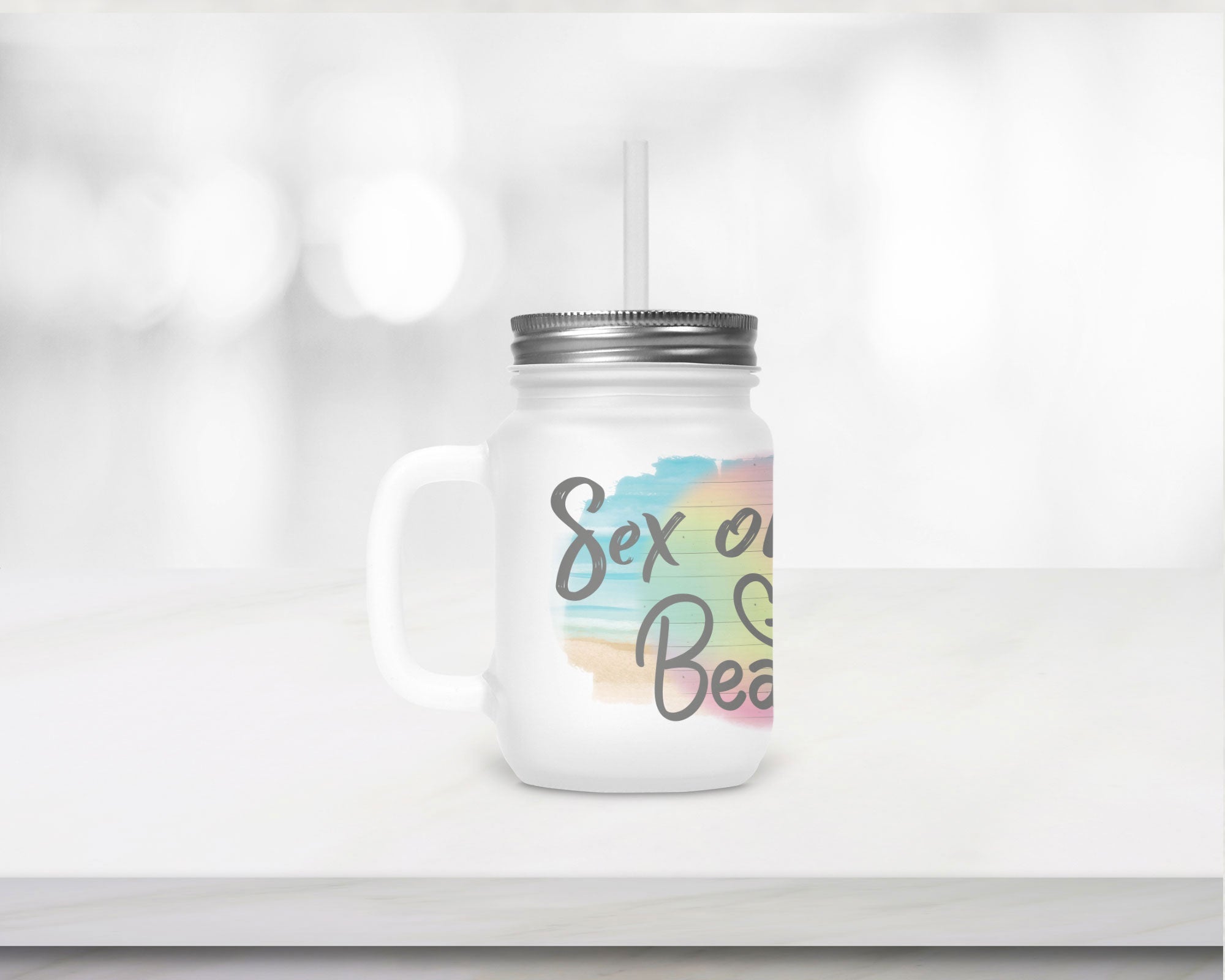 Henkelglas mit Deckel, Trinkhalm und Sex on the Beach - Rezept - Zwergenstick