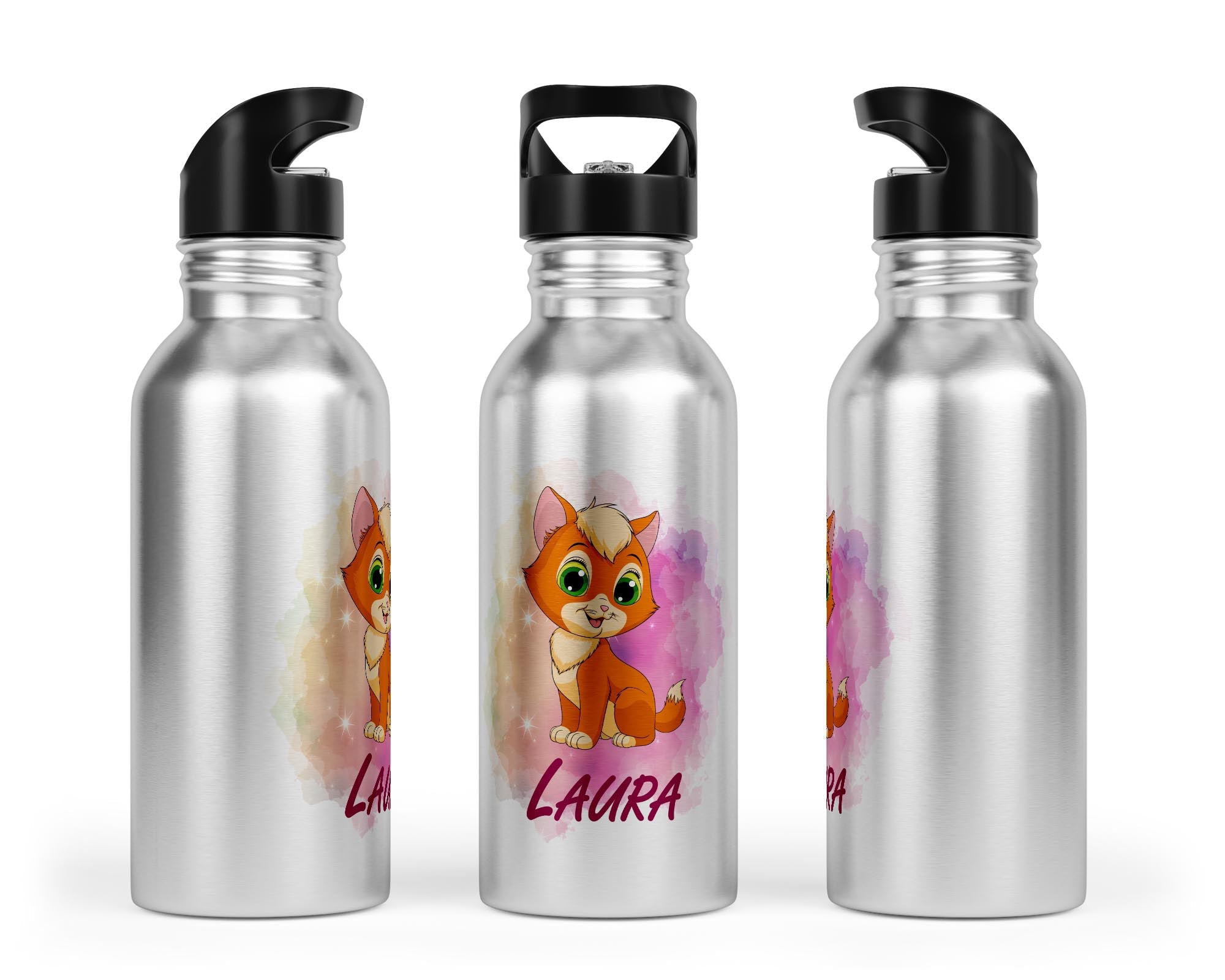 Personalisierbare Kinder - Trinkflasche mit süßem Katzen - Design - Zwergenstick