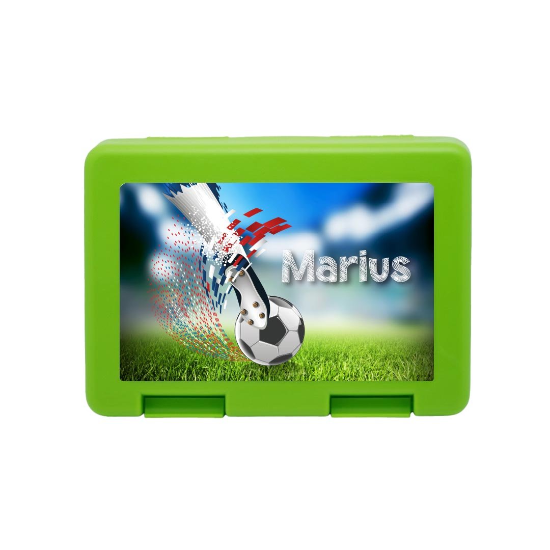 Personalisierte Brotdose mit Fußball - Torschuss - Motiv - Zwergenstick