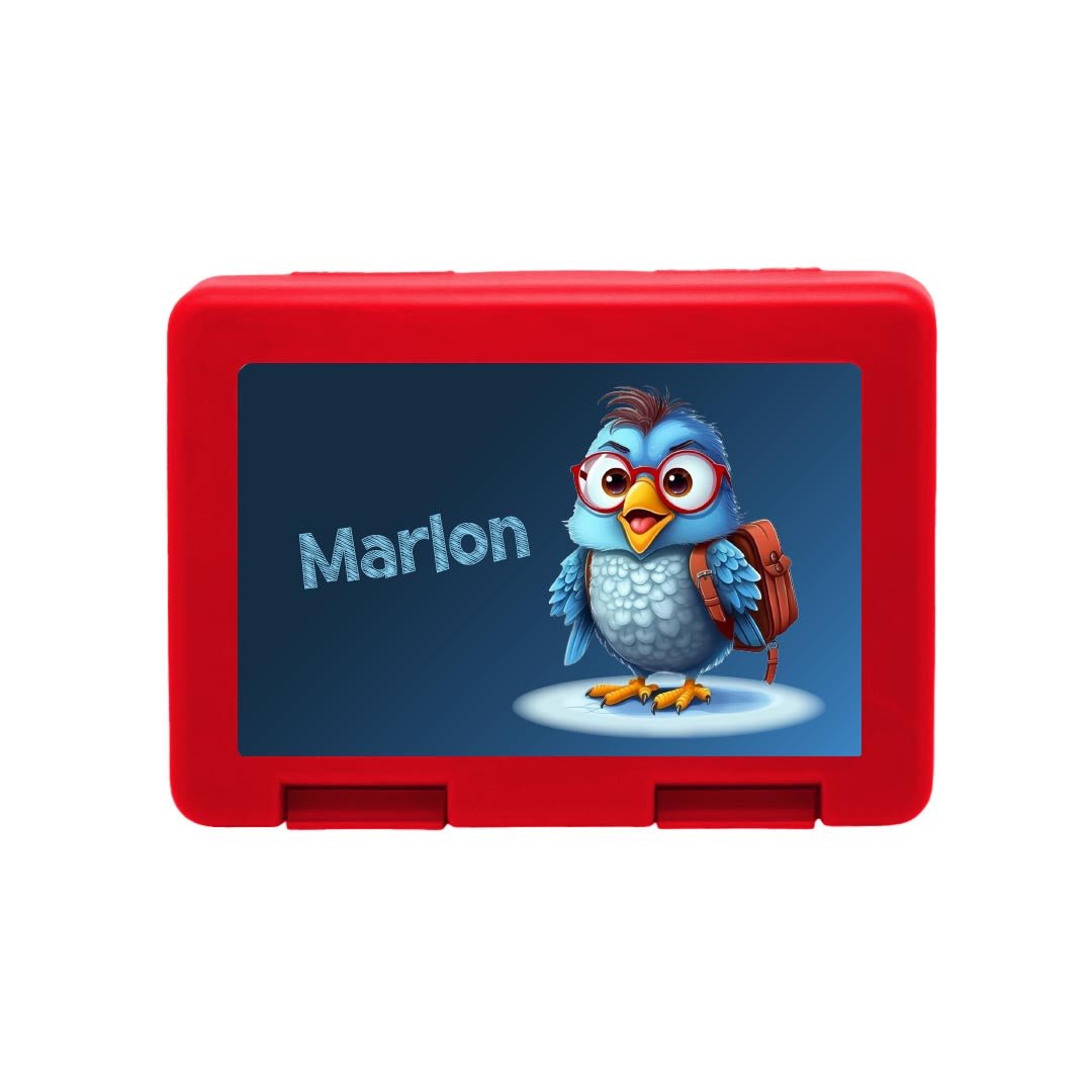 Personalisierte Brotdose mit Schulvogel - Motiv - Zwergenstick