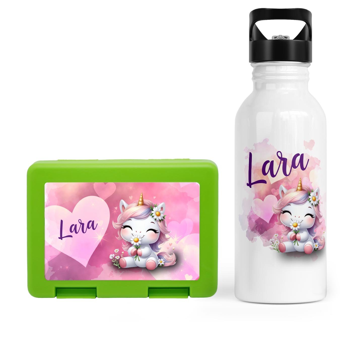 Schulstart Bundle No.10 – Einhorn in Love - Design Brotdose & Trinkflasche - Zwergenstick