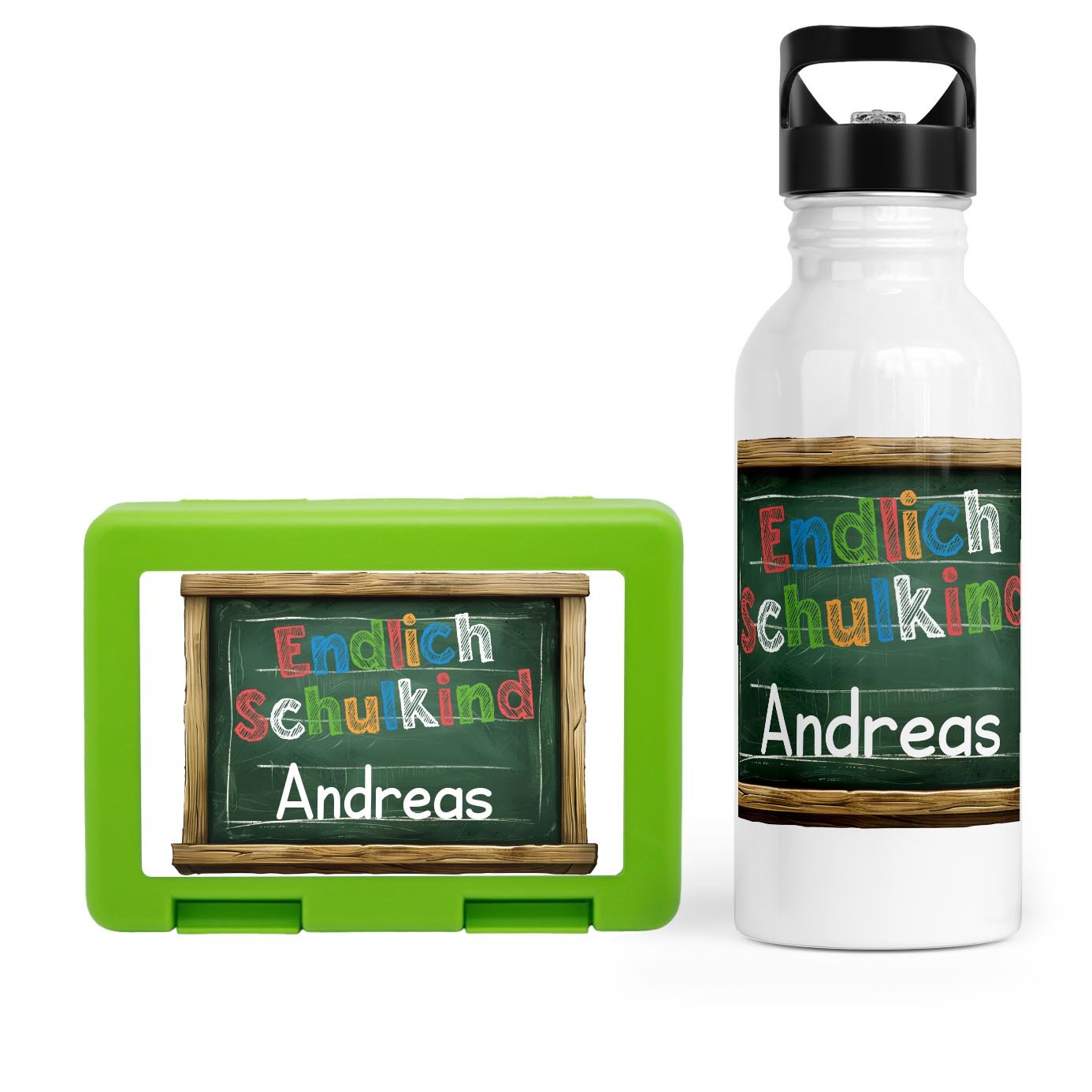 Schulstart Bundle No.6 - "Endlich Schulkind" - Tafel Design Brotdose & Trinkflasche Personalisierbar - Zwergenstick