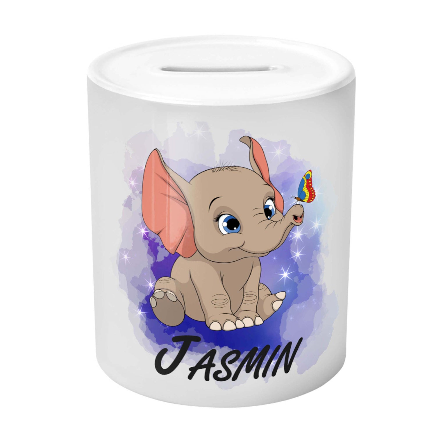 Spardose - Elefant mit Schmetterling und Namen (Personalisiert) - Zwergenstick