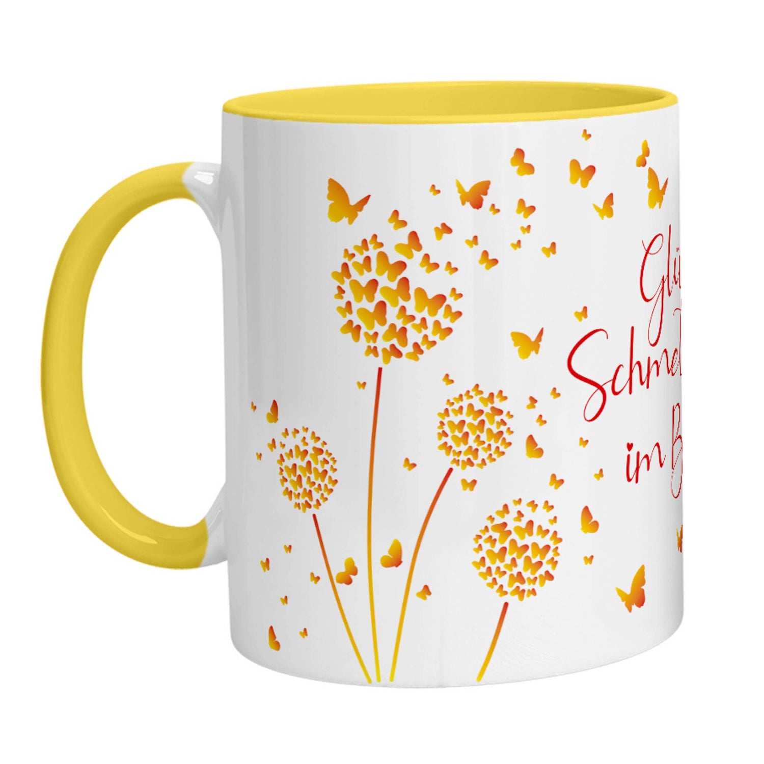 Tasse - Glück ist Schmetterlinge im Bauch (Gelb Orange) - Zwergenstick