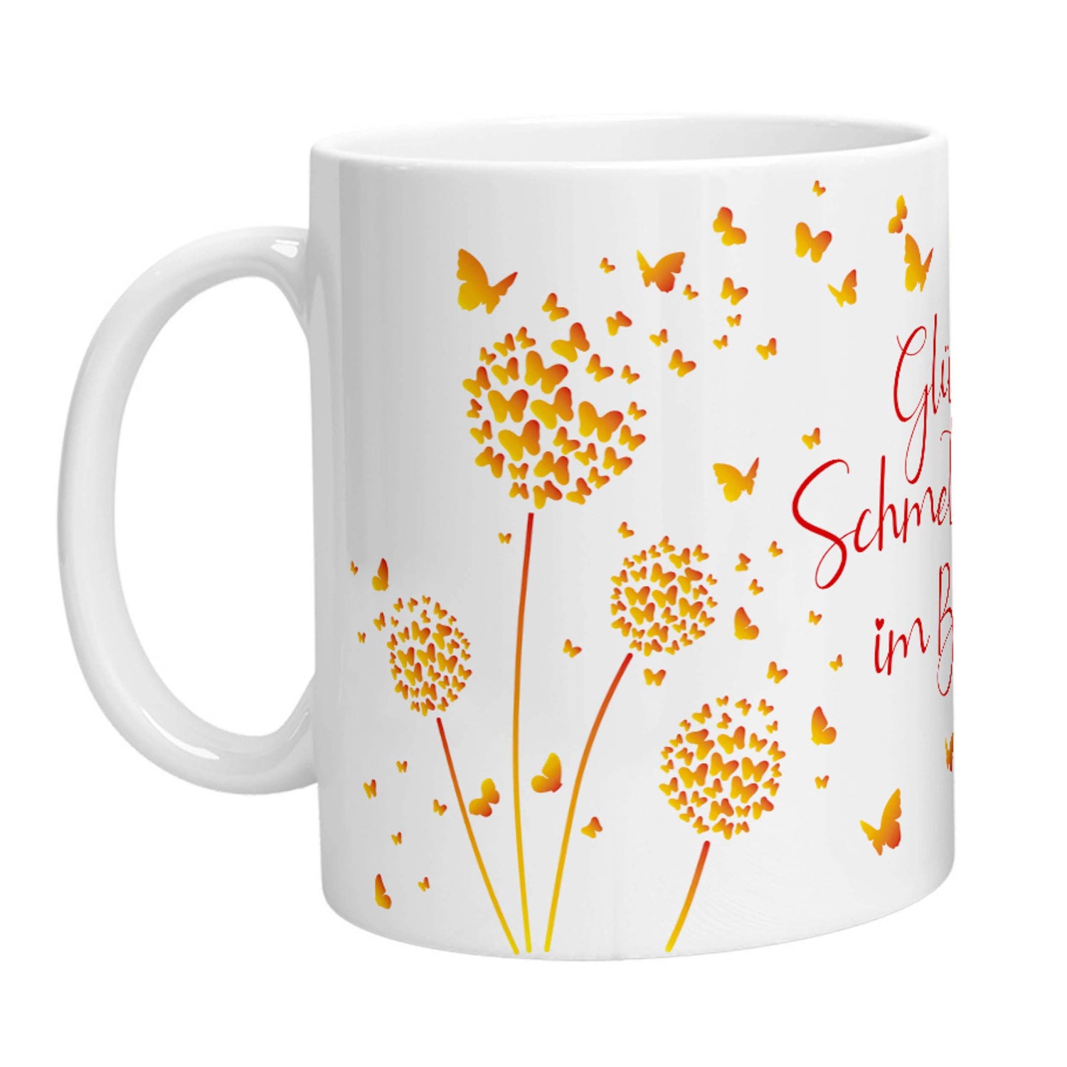 Tasse - Glück ist Schmetterlinge im Bauch (Gelb Orange) - Zwergenstick