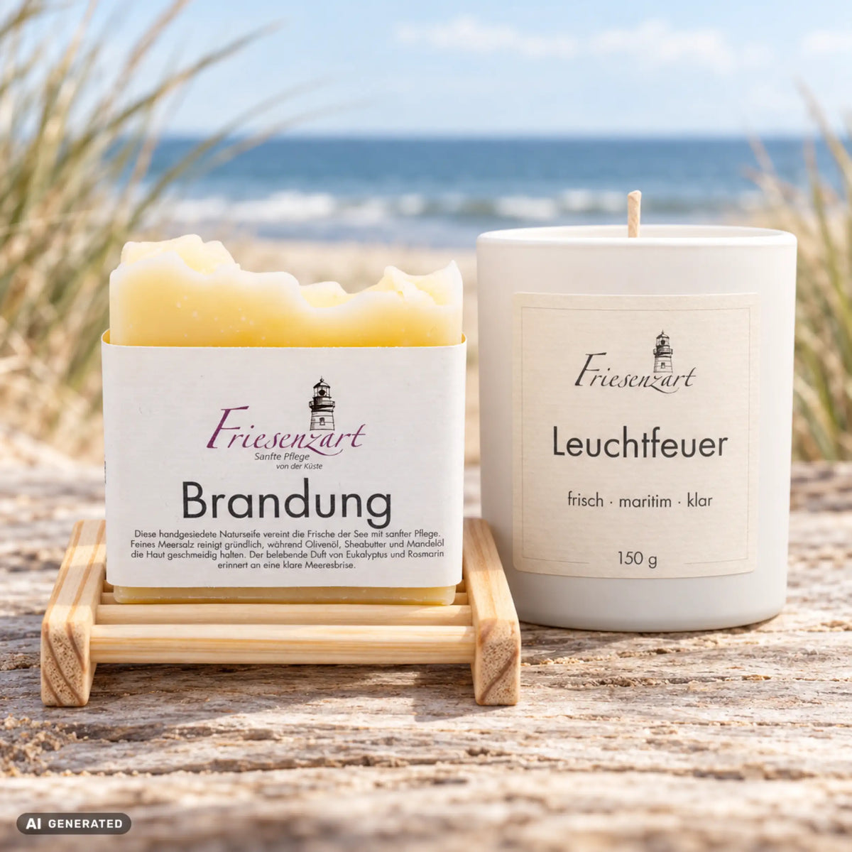 Küstenmoment – Kleine Brise: Brandung Naturseife, Duftkerze Leuchtfeuer mit wählbarer Glasfarbe und helles Seifengitter. Beispielkombination.