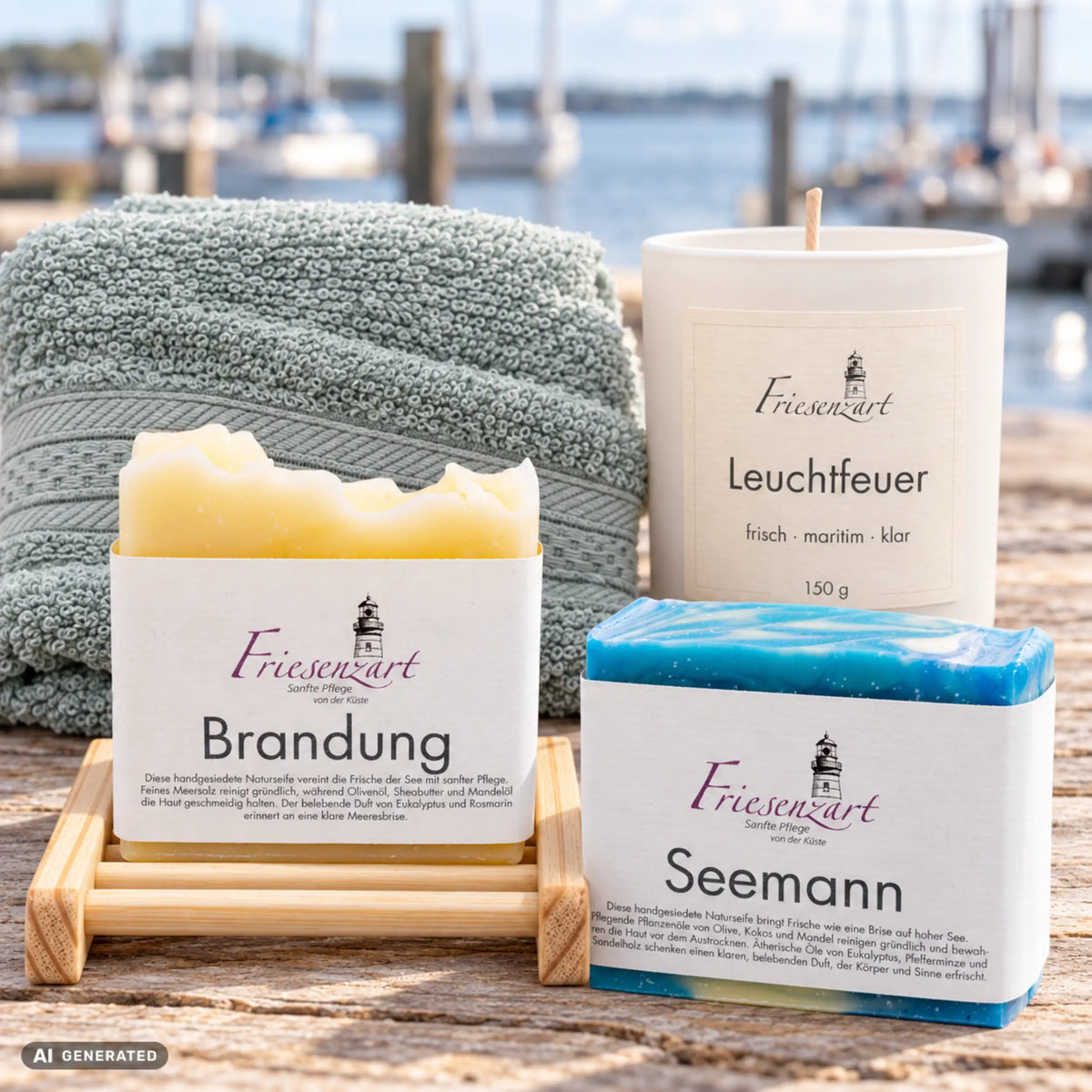 Küstenmoment – Meeresduo: Brandung und Seemann Naturseifen, Leuchtfeuer Duftkerze mit wählbarer Glasfarbe, Seifengitter und blaugrünes Gästehandtuch. Beispielkombination.