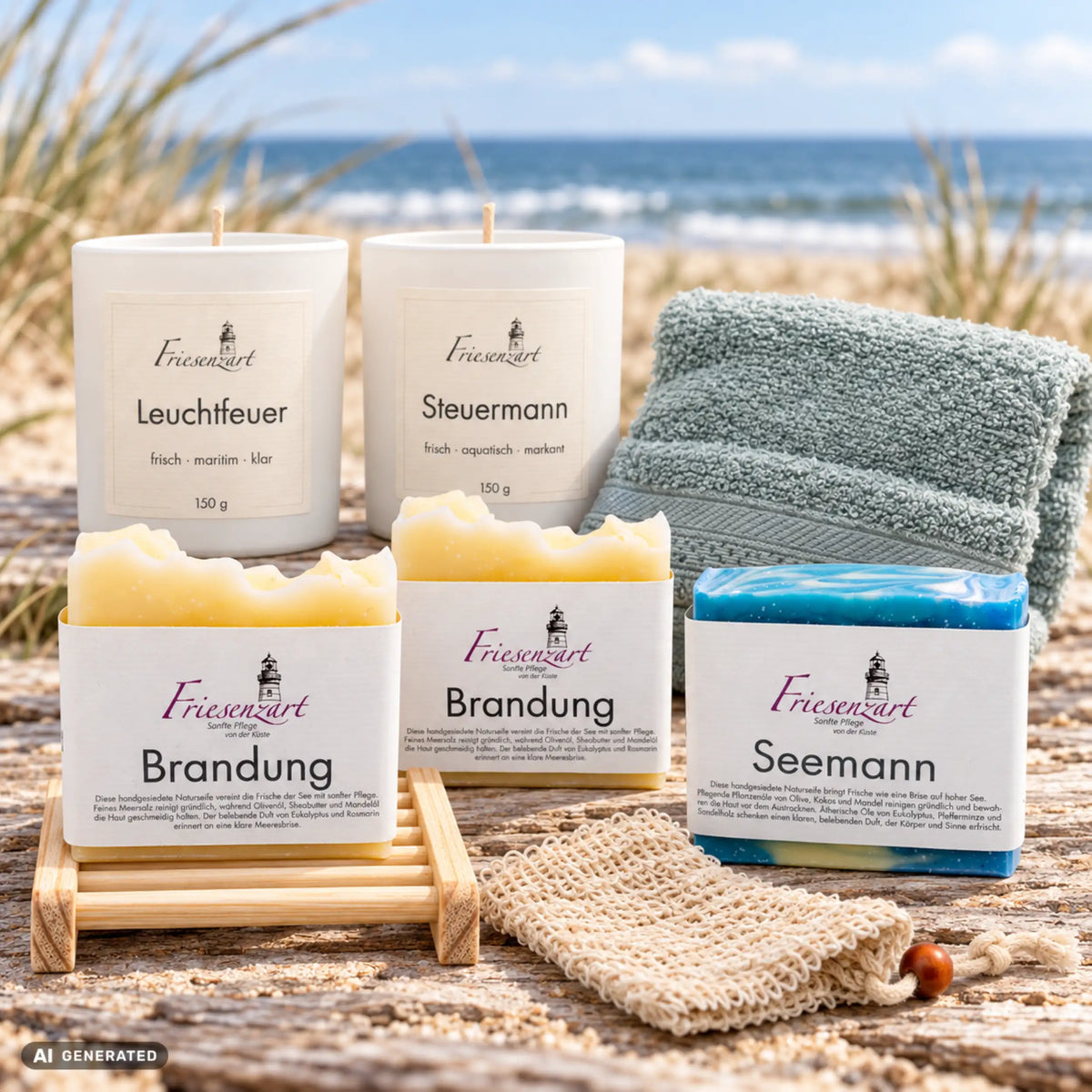 Küstenmoment – Nordsee-Auszeit: drei Naturseifen, Leuchtfeuer und Steuermann mit einzeln wählbarer Glasfarbe, Seifengitter, Leinenbeutel und Gästehandtuch. Beispielkombination.