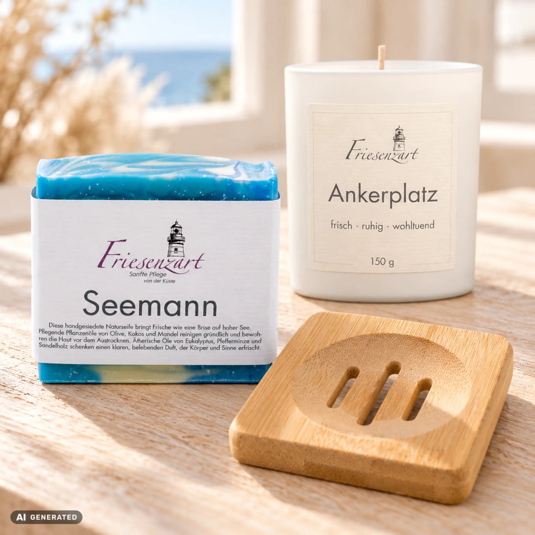 Frische Auszeit – Ankommen: Seemann Naturseife, Ankerplatz Duftkerze mit wählbarer Glasfarbe und kompakte Holzseifenschale. Beispielkombination.