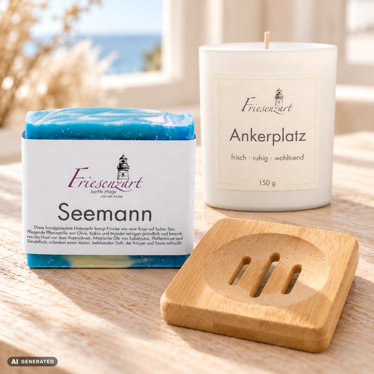 Frische Auszeit – Ankommen: Seemann Naturseife, Ankerplatz Duftkerze mit wählbarer Glasfarbe und kompakte Holzseifenschale. Beispielkombination.