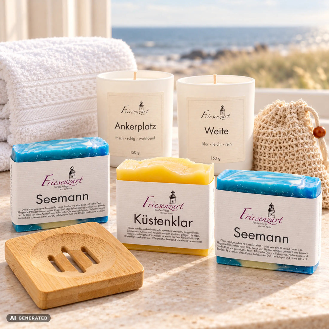 Frische Auszeit – Freier Horizont: drei Naturseifen, Ankerplatz und Weite mit einzeln wählbarer Glasfarbe, Holzschale, Leinenbeutel und weißes Gästehandtuch. Beispielkombination.