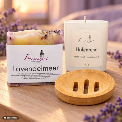 Abendruhe – Lavendelmoment: Lavendelmeer Naturseife, Hafenruhe Duftkerze mit wählbarer Glasfarbe und runde Holzseifenschale. Beispielkombination.