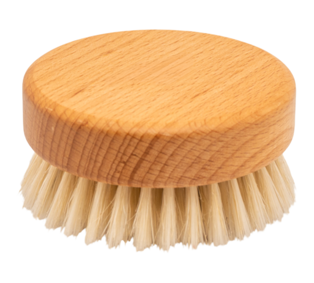 Runde Badebürste aus Holz mit Borsten.