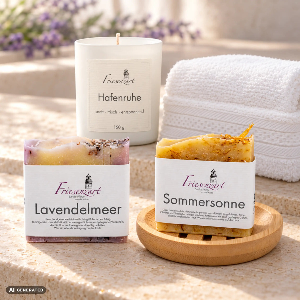 Abendruhe – Sanftes Duo: Lavendelmeer und Sommersonne Naturseifen, Hafenruhe Duftkerze mit wählbarer Glasfarbe, runde Holzschale und weißes Gästehandtuch. Beispielkombination.